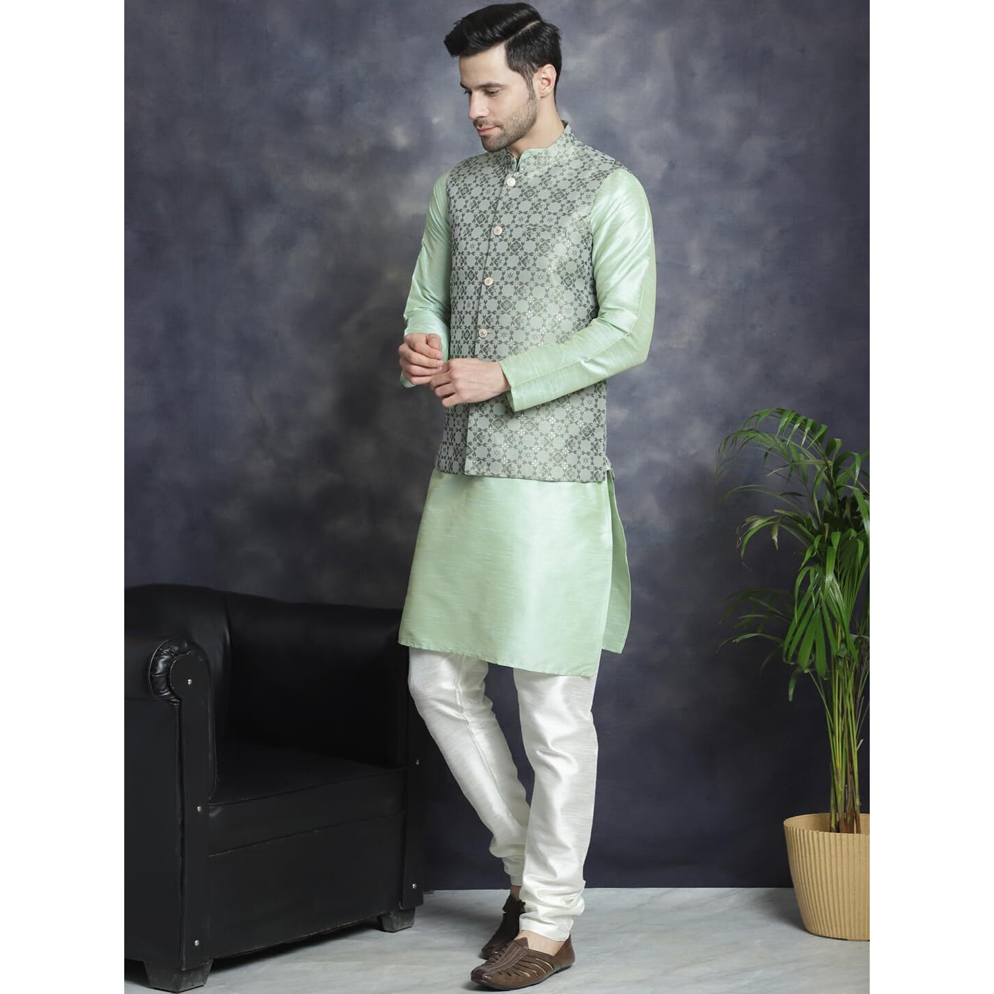 Jompers Mens Pista Woven Design Nehru Jacket With Kurta Pyjama Set (Pista, L)