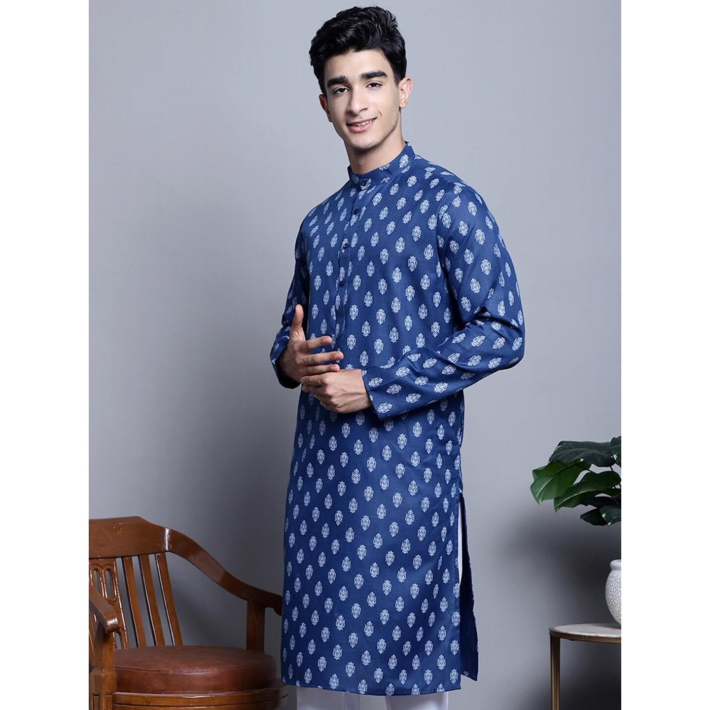 Jompers Men's Cotton Floral Printed Kurtas (Navy, Xl)