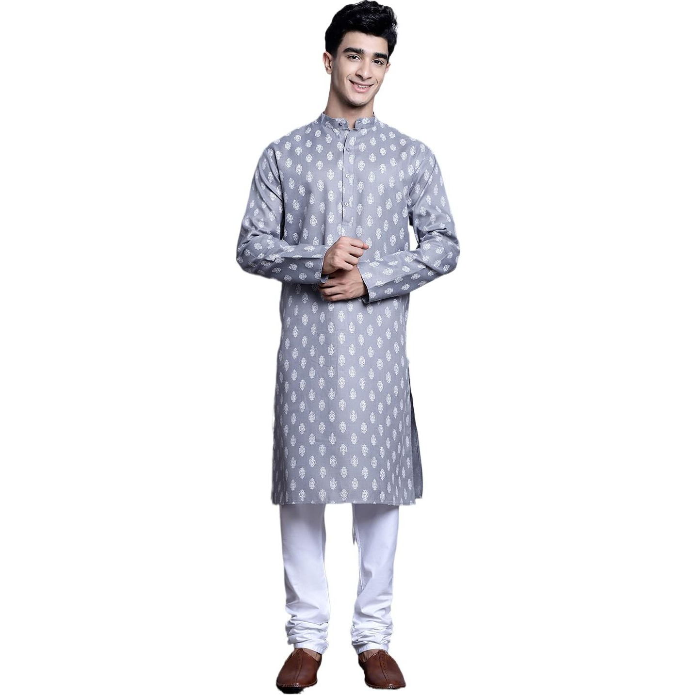 Jompers Men's Cotton Floral Printed Kurta Pyjama Set (Dark-Grey, S)