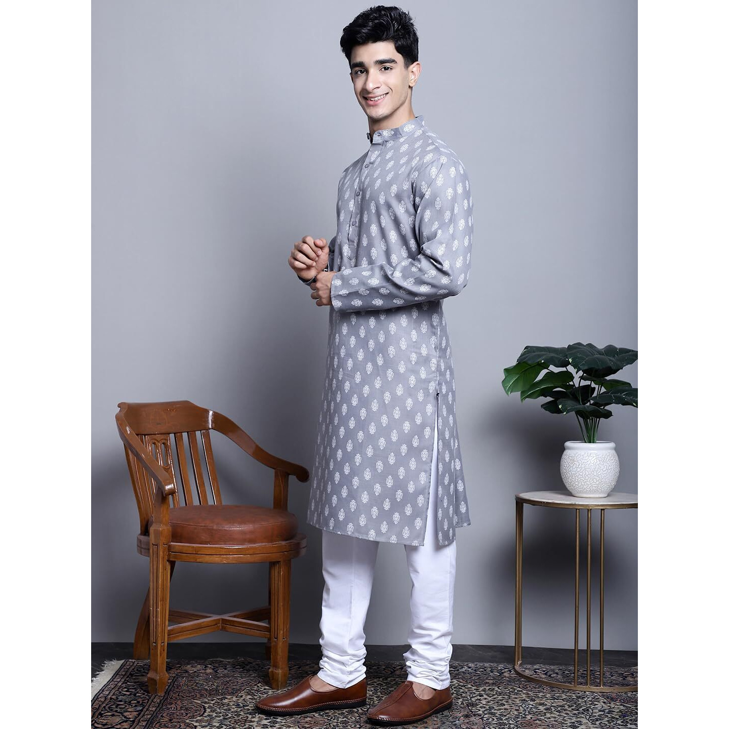 Jompers Men's Cotton Floral Printed Kurta Pyjama Set (Dark-Grey, S)