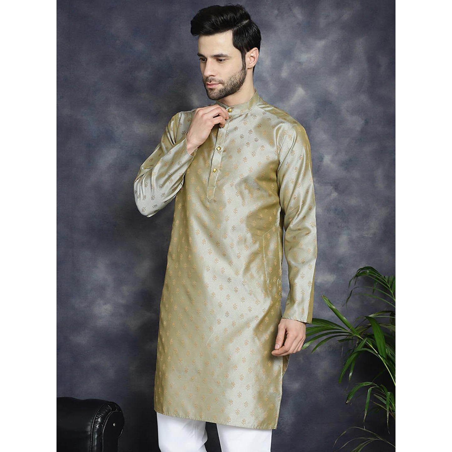 Jompers Men's Pista Woven Design Silk Blend Kurtas (Pista, S)