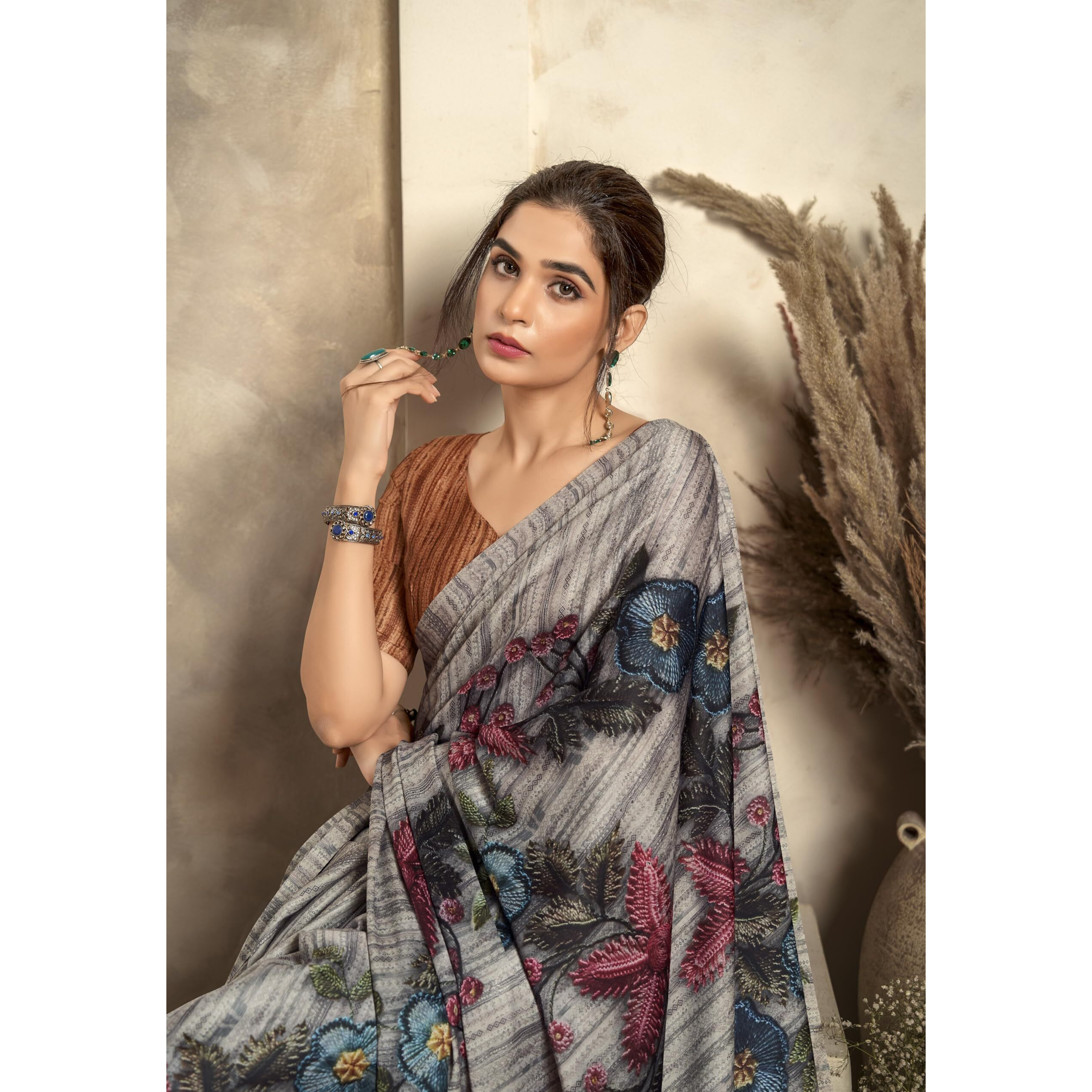 Pujia Mills Woman Digital Print Satin Silk Sadi Indian Ethnic Wear Printed Saree With Unstitch Blouse Regular Print Sadi Simple Digital Print Sadi Lavender Gray Multicolor Saree