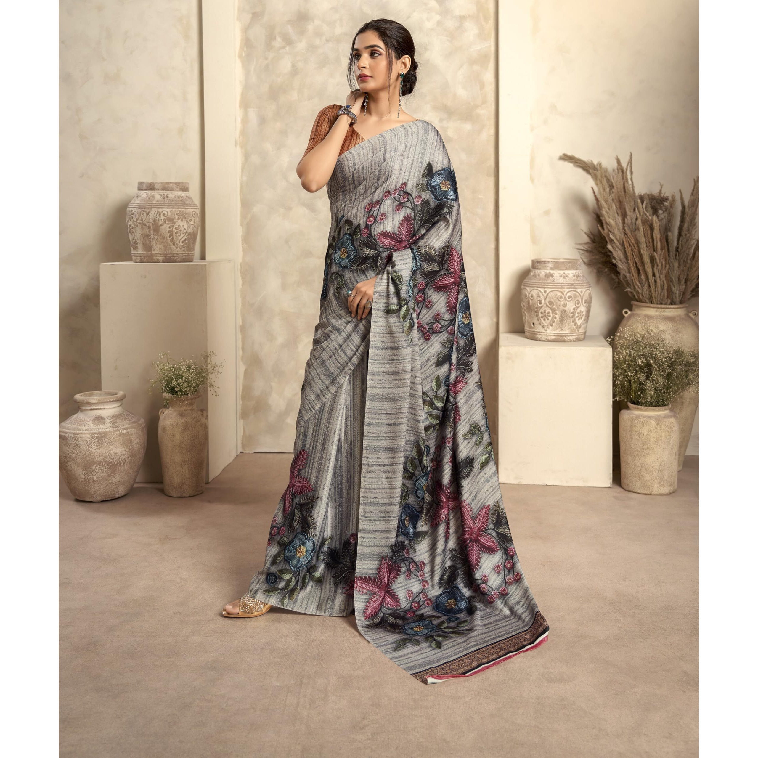 Pujia Mills Woman Digital Print Satin Silk Sadi Indian Ethnic Wear Printed Saree With Unstitch Blouse Regular Print Sadi Simple Digital Print Sadi Lavender Gray Multicolor Saree