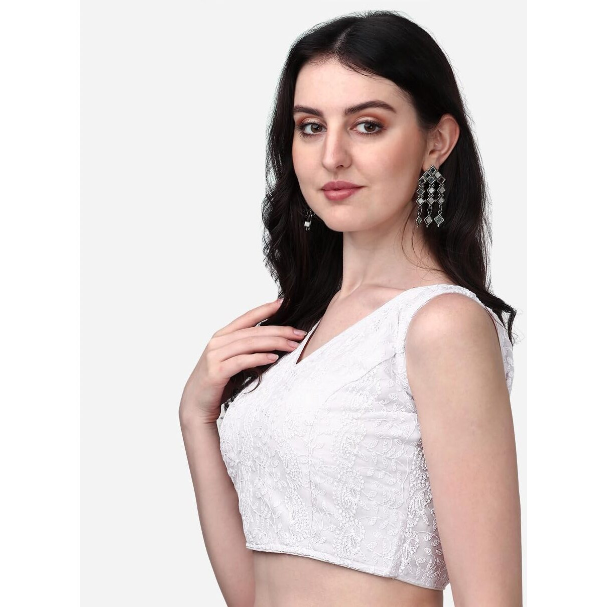 Pujia Mills Women's Georgette Sipali Sequin Work Sleeveless Embroidery Lucknowi Work Blouse (White, 34)