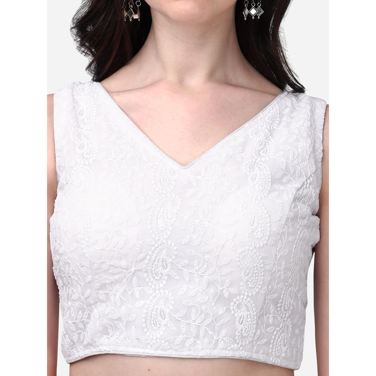 Pujia Mills Women's Georgette Sipali Sequin Work Sleeveless Embroidery Lucknowi Work Blouse (White, 34)