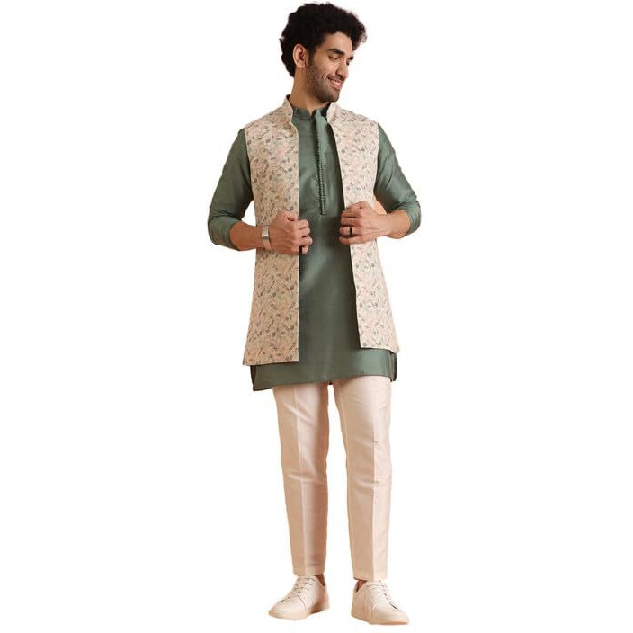 Kisah Cotton Blend Kurta Jacket Trouser Set For Men | Nehru Jacket Waistcoat Kurta Set With Trousers | Mens Ethnic Collections-Ka-0978-5569-T301-40-Multi