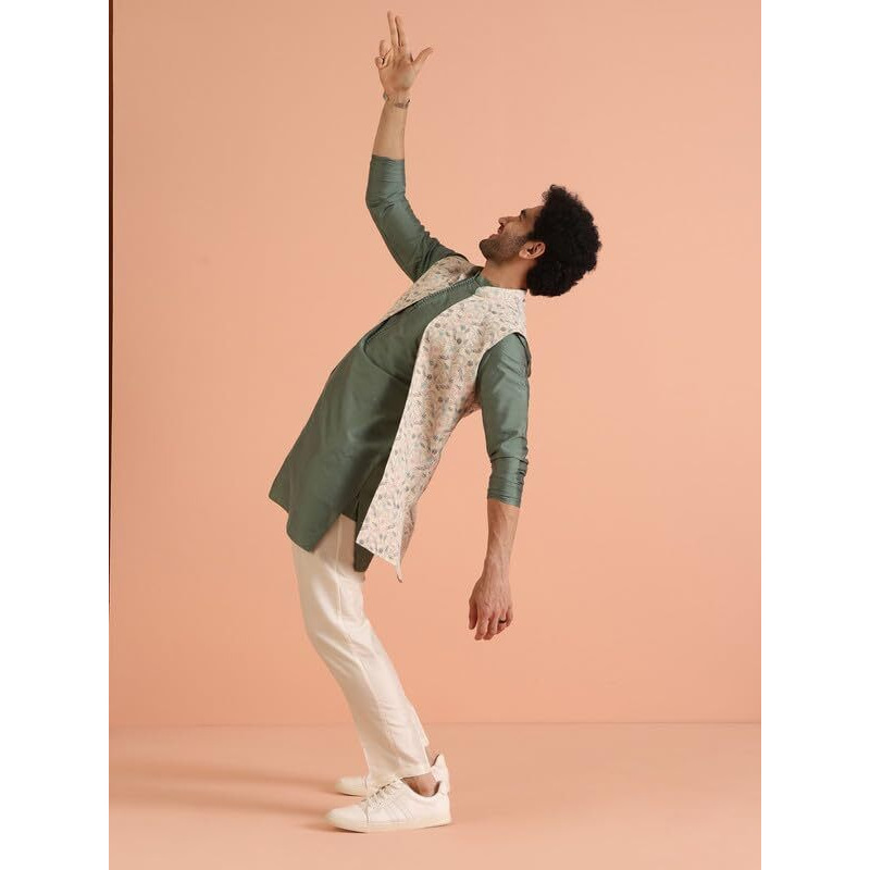 Kisah Cotton Blend Kurta Jacket Trouser Set For Men | Nehru Jacket Waistcoat Kurta Set With Trousers | Mens Ethnic Collections-Ka-0978-5569-T301-40-Multi