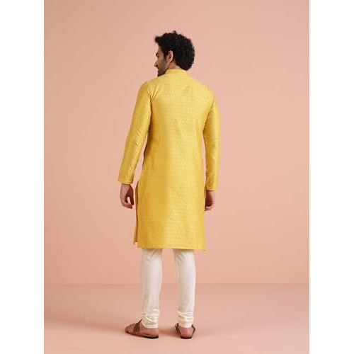 Kisah Men Light Yellow Embroidered Straight Kurta Full Sleaves, Knee Length, Straight, Regular Fit, Mandarin Collar Ethnic Wear