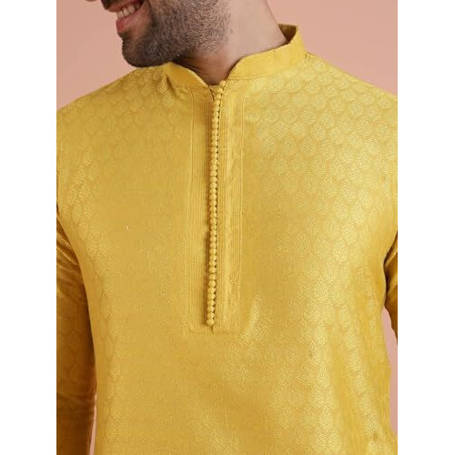 Kisah Men Light Yellow Embroidered Straight Kurta Full Sleaves, Knee Length, Straight, Regular Fit, Mandarin Collar Ethnic Wear