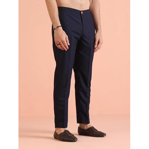 Kisah Men's Kurta Jacket Trouser Set, Navy Blue Cotton Blend, Woven Design Mandarin Collar Regular Fit Long Sleeves (L)