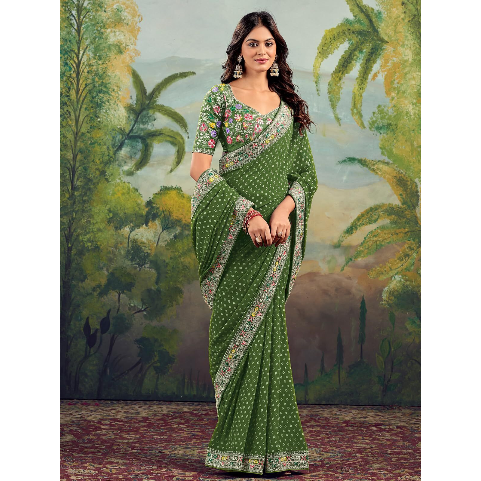 Satrani Women's Georgette Sequin Embroidery Lace Bandhani Printed Saree With Unstitched Blouse Piece (4440S562N_Green)