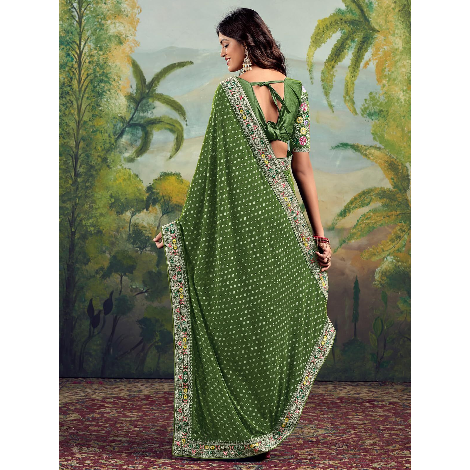 Satrani Women's Georgette Sequin Embroidery Lace Bandhani Printed Saree With Unstitched Blouse Piece (4440S562N_Green)