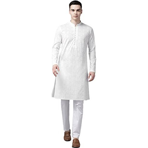 See Designs Men White Pure Cotton Chikankari Embroidered Straight Kurta With Pyjama_Sdkt111901S