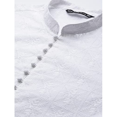 See Designs Men White Pure Cotton Chikankari Embroidered Straight Kurta With Pyjama_Sdkt111901S
