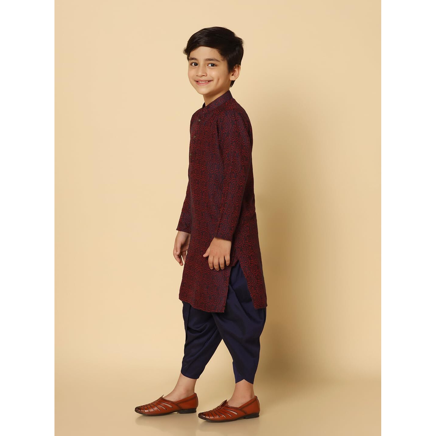 Kisah Kid's Full Sleeves Silk Blend Knee Length Woven Design Purple Kurta Dhoti Set (3-4Y)