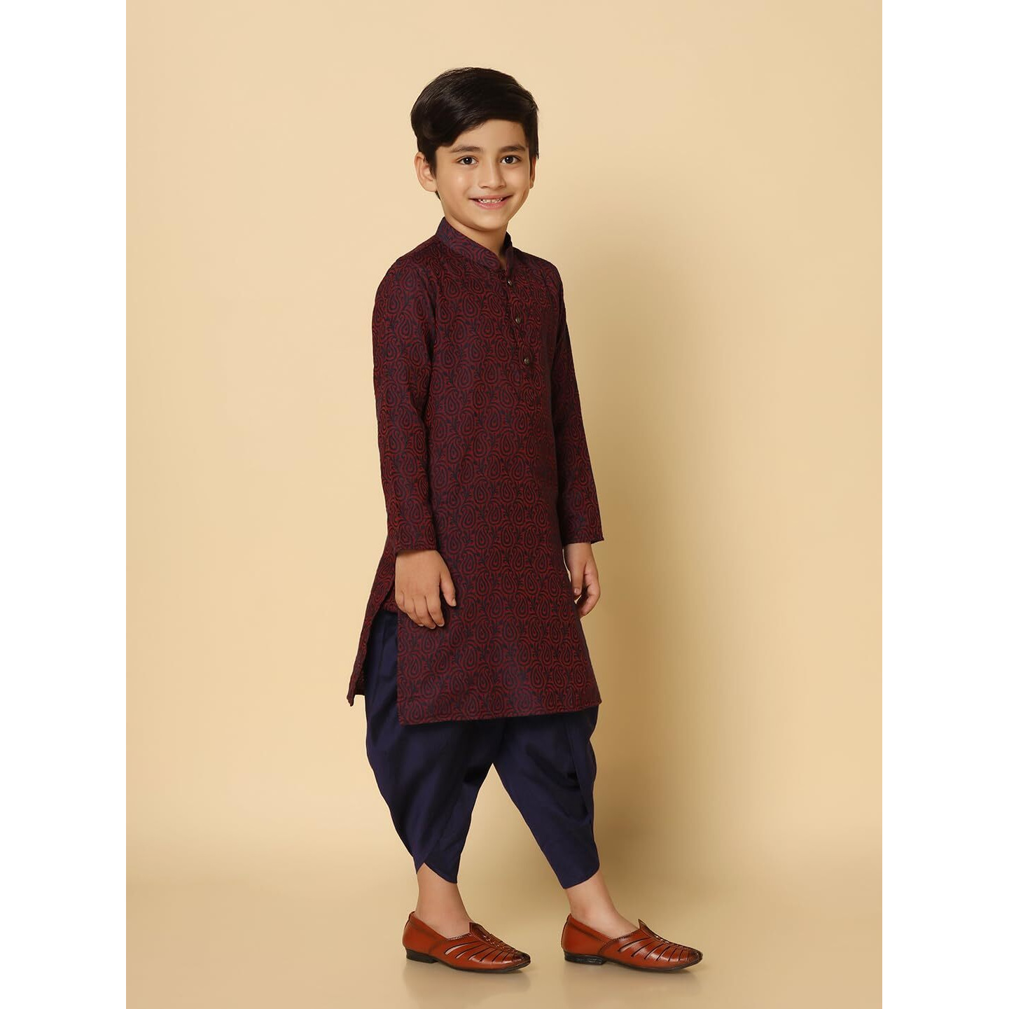 Kisah Kid's Full Sleeves Silk Blend Knee Length Woven Design Purple Kurta Dhoti Set (3-4Y)