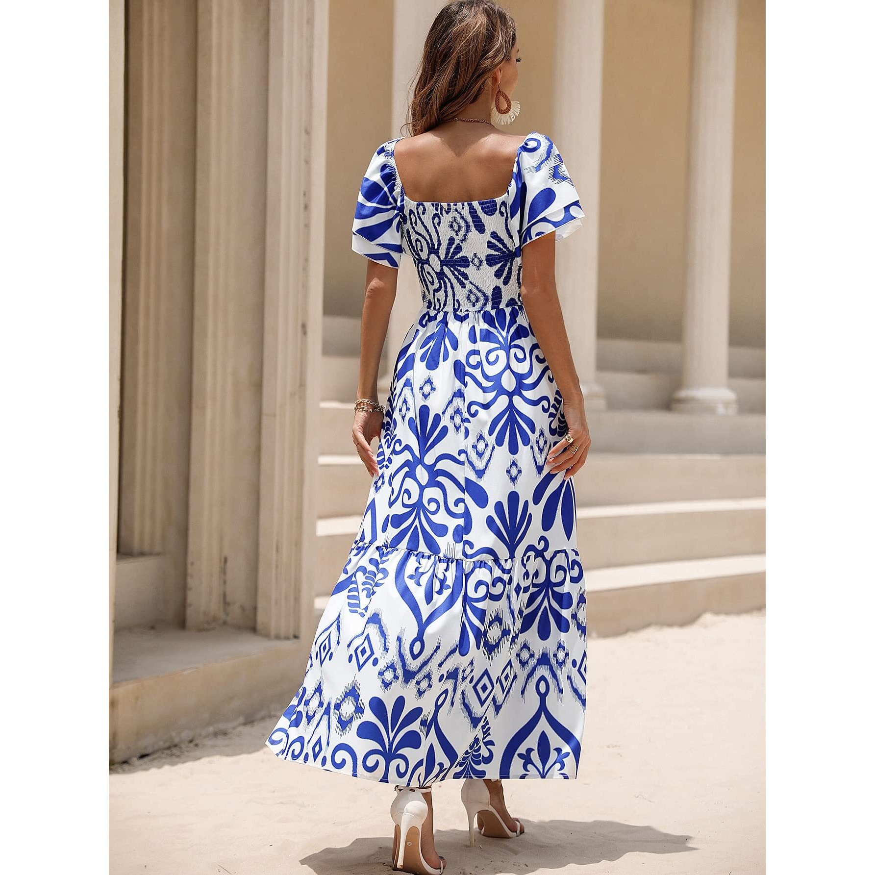 Shasmi Girl's & Women's White And Blue Floral Print Layered Short Sleeve Square Neck Ruffle High Waist A Line Summer Long Maxi Dress With All Over Print Outfit (Dress 228 Blue-Xl)