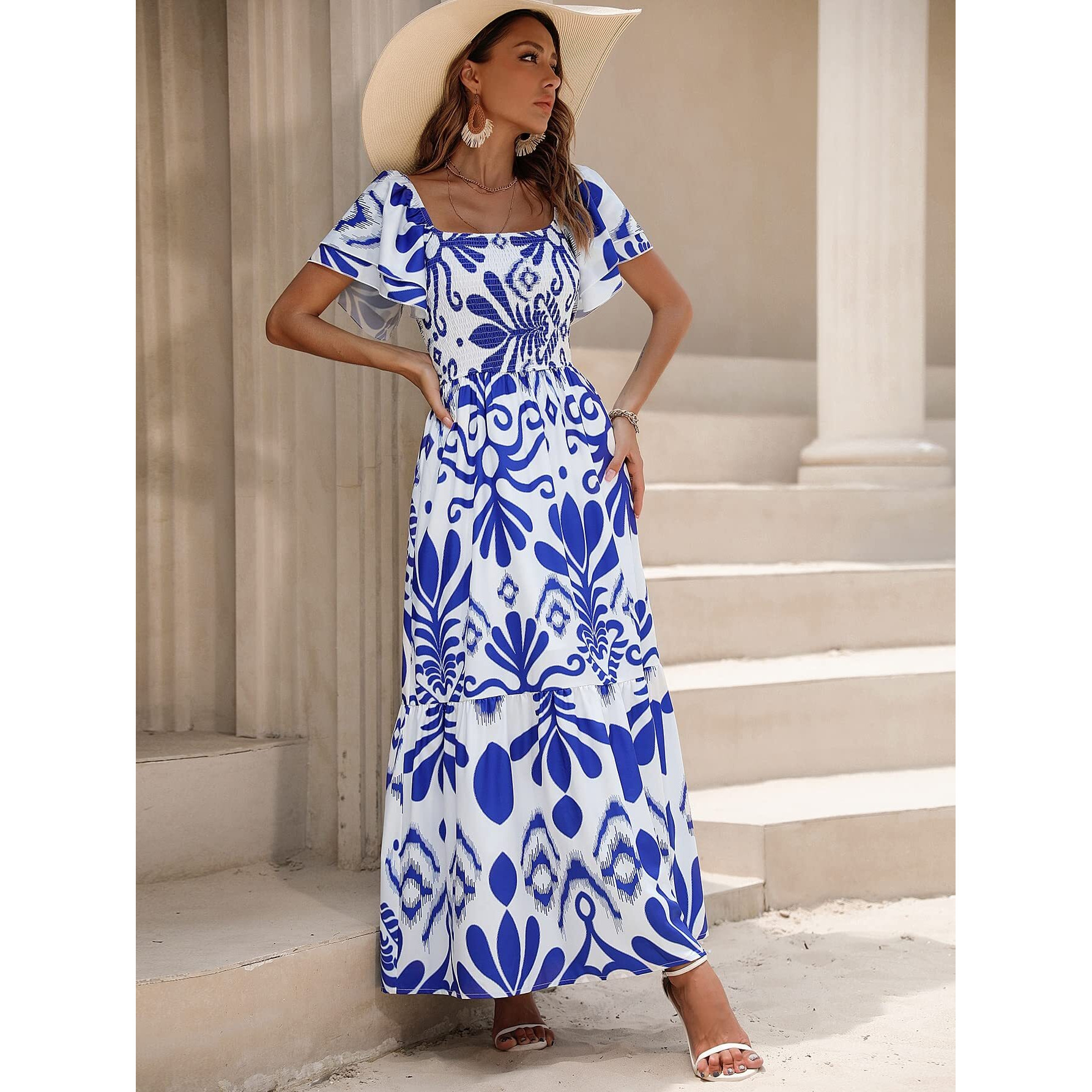 Shasmi Girl's & Women's White And Blue Floral Print Layered Short Sleeve Square Neck Ruffle High Waist A Line Summer Long Maxi Dress With All Over Print Outfit (Dress 228 Blue-Xl)