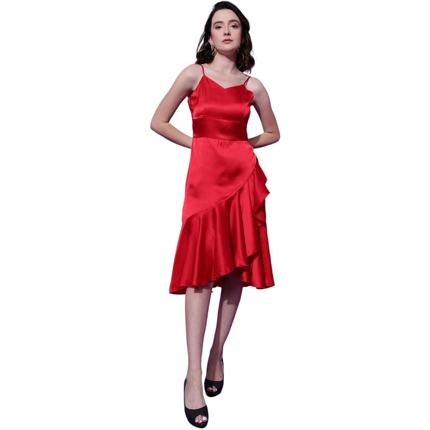 Kotty Women's Satin Fit Flare Midi Dress(Red,L)