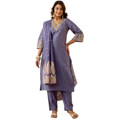 Sanisa Women's Shimmer Silk Embroidery And Sequins Work Straight Kurta With Pant And Dupatta Set (232Kbd2451N-L_Dusty Purple)