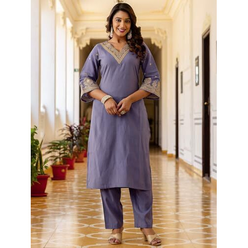Sanisa Women's Shimmer Silk Embroidery And Sequins Work Straight Kurta With Pant And Dupatta Set (232Kbd2451N-L_Dusty Purple)