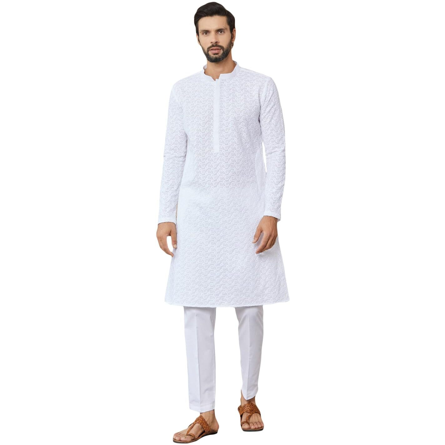 See Designs Men's Long Sleeve Mandarin Collar Side Slit White Embroidered Chikankari Pure Cotton Straight Kurta - Sdkt2557L