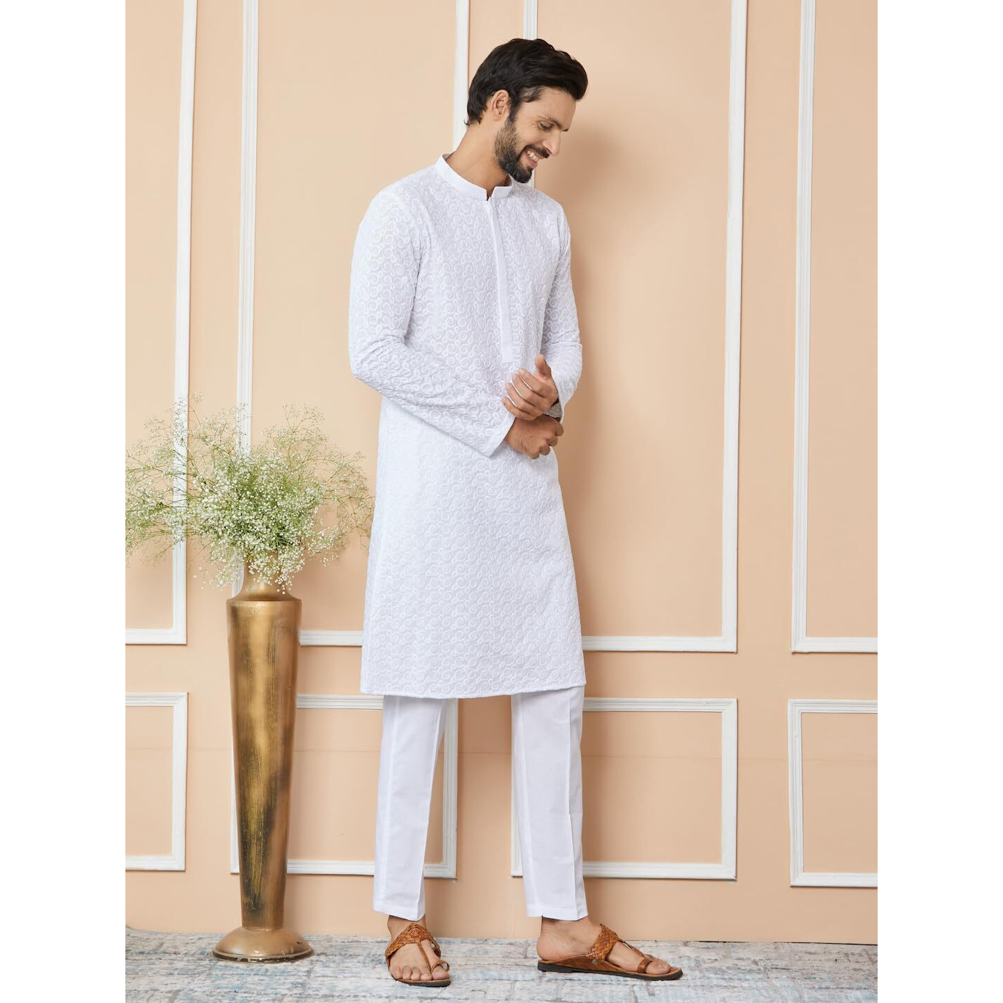 See Designs Men's Long Sleeve Mandarin Collar Side Slit White Embroidered Chikankari Pure Cotton Straight Kurta - Sdkt2557L