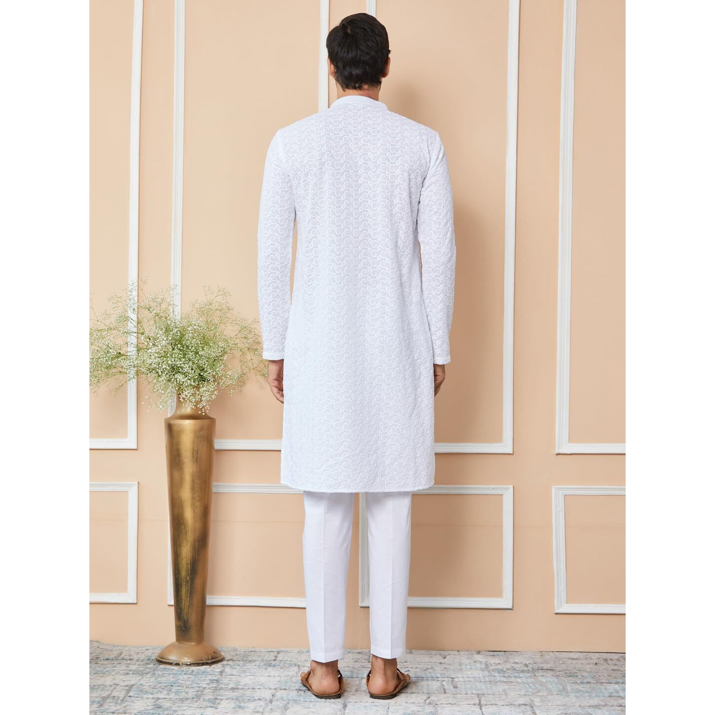See Designs Men's Long Sleeve Mandarin Collar Side Slit White Embroidered Chikankari Pure Cotton Straight Kurta - Sdkt2557L