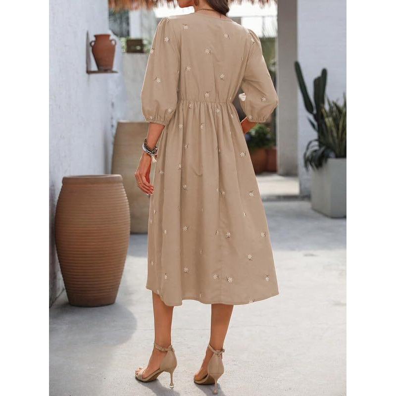 Smowkly Cotton Blend Women's Casual Solid Printed Dress Mid-Length Maxi Dress (1665_Bg_Xxl) Beige