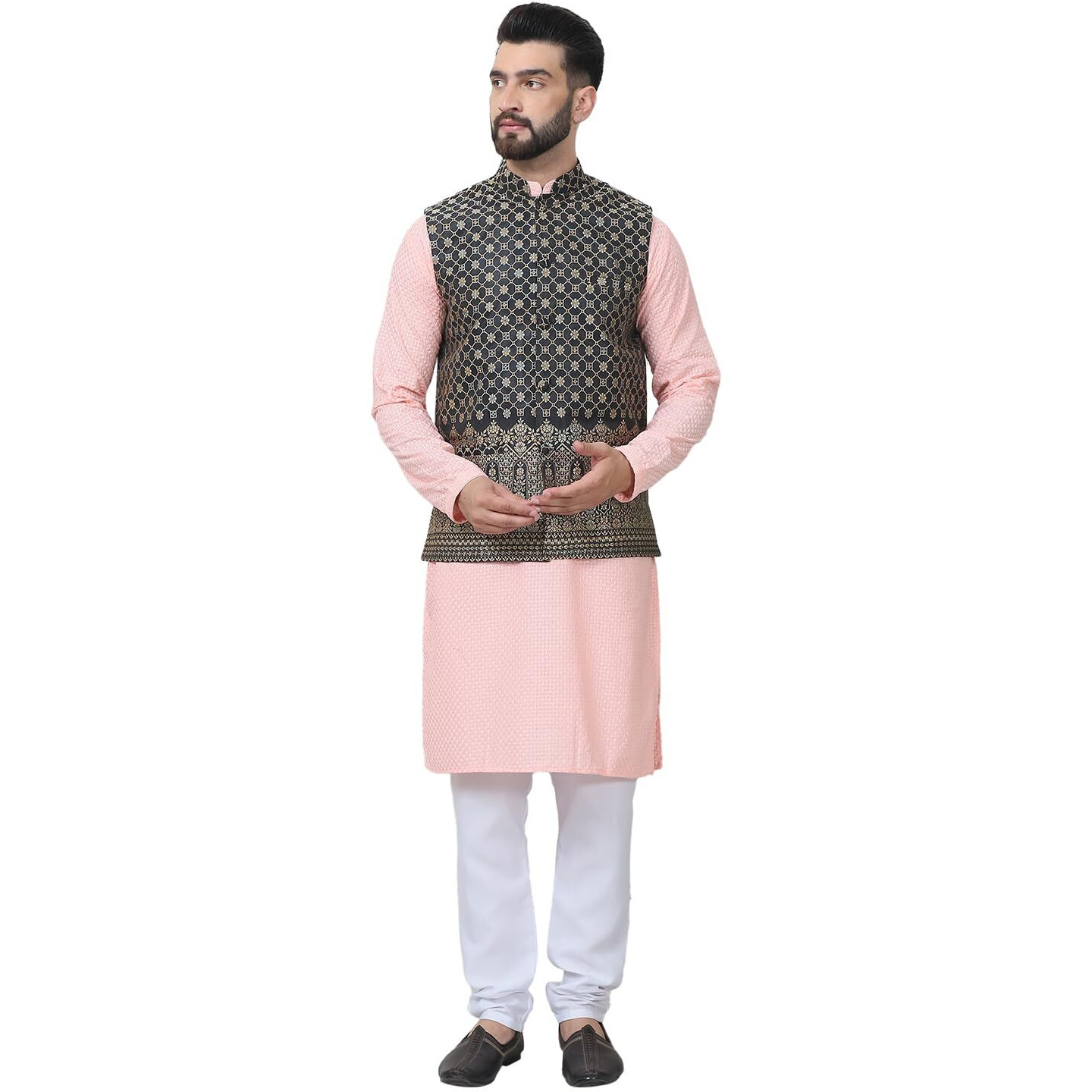 Sojanya (Since 1958 Men's Pure Cotton Peach Kurta And White Pyjama With Black Nehru Jacket