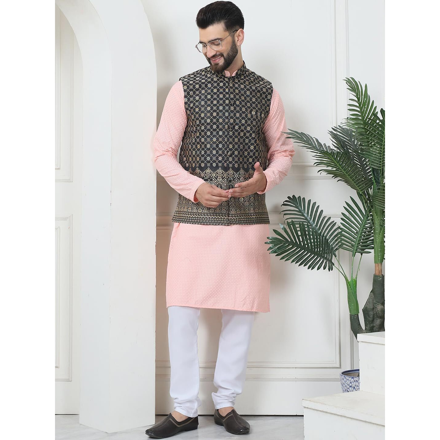 Sojanya (Since 1958 Men's Pure Cotton Peach Kurta And White Pyjama With Black Nehru Jacket