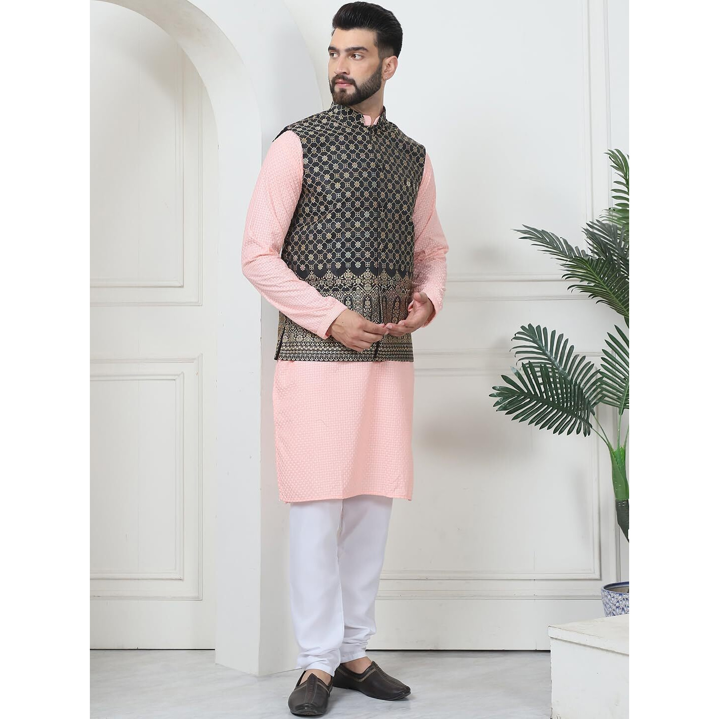 Sojanya (Since 1958 Men's Pure Cotton Peach Kurta And White Pyjama With Black Nehru Jacket