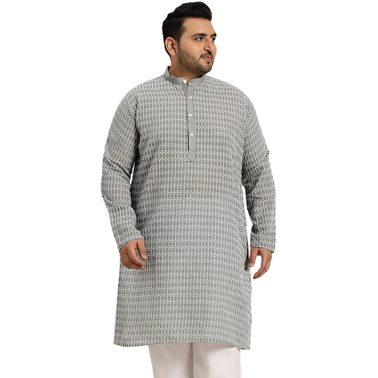 Sojanya Plus (Since 1958) Men's Pure Cotton Grey Kurta With White Embroidery