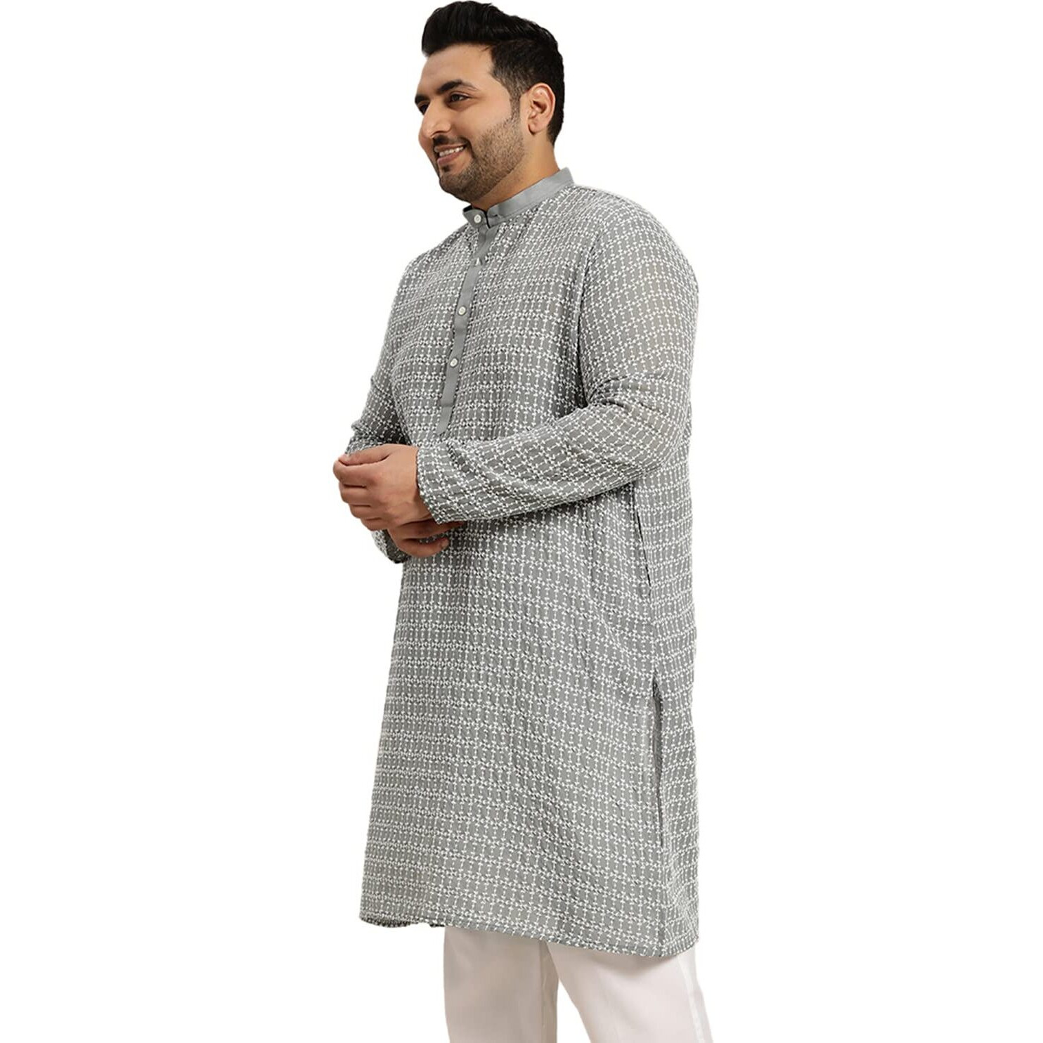 Sojanya Plus (Since 1958) Men's Pure Cotton Grey Kurta With White Embroidery