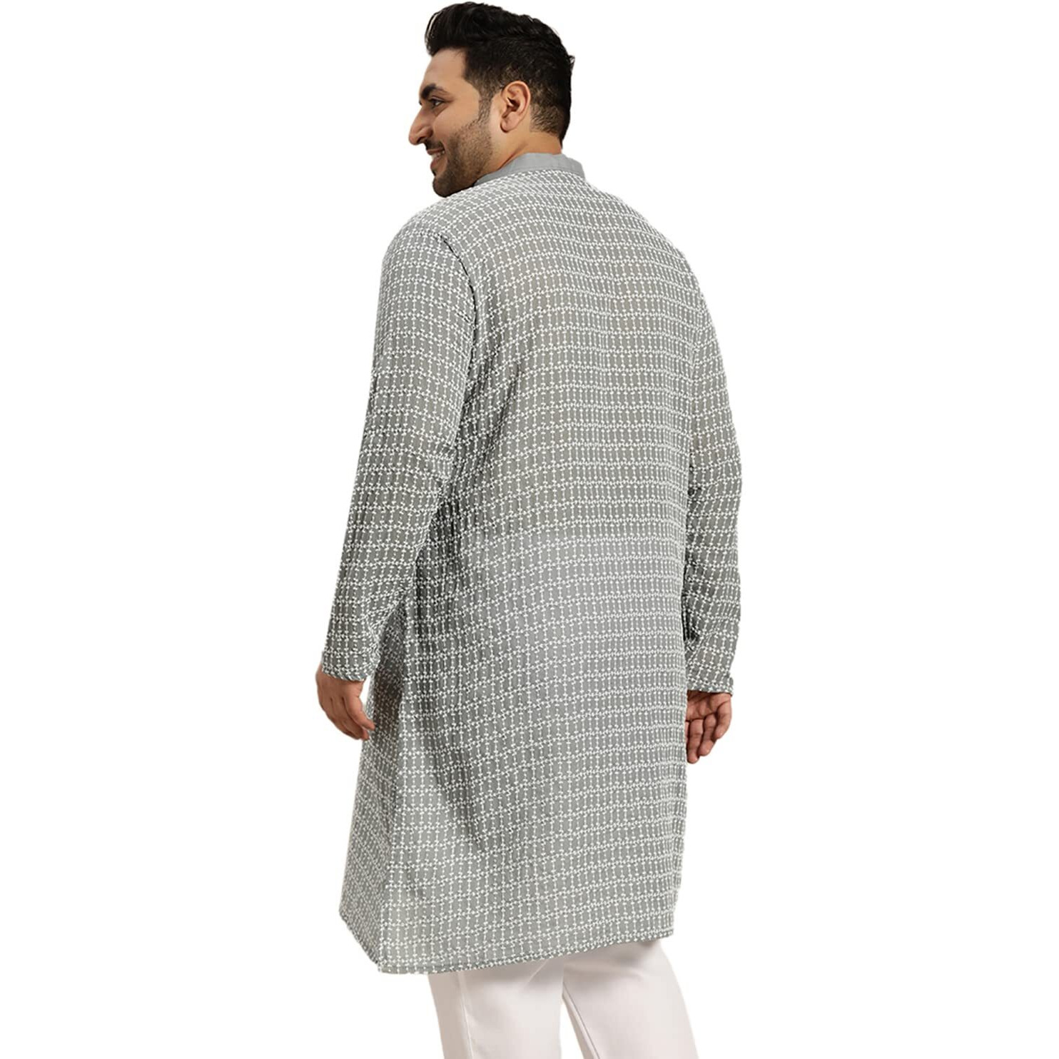 Sojanya Plus (Since 1958) Men's Pure Cotton Grey Kurta With White Embroidery