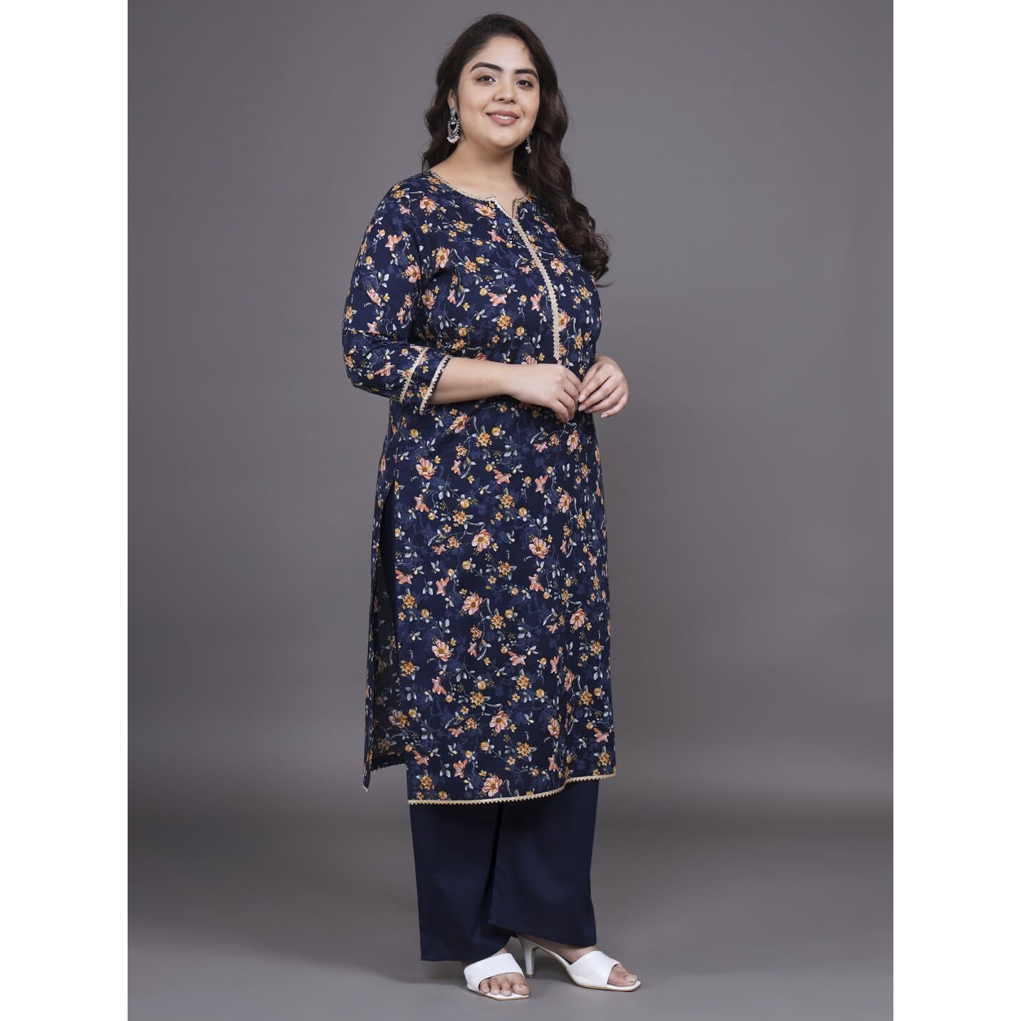 Tissu Women's Plus Size Navy Blue Printed Pure Cotton Kurta Palazzo With Dupatta (676_Dark Blue_5Xl)