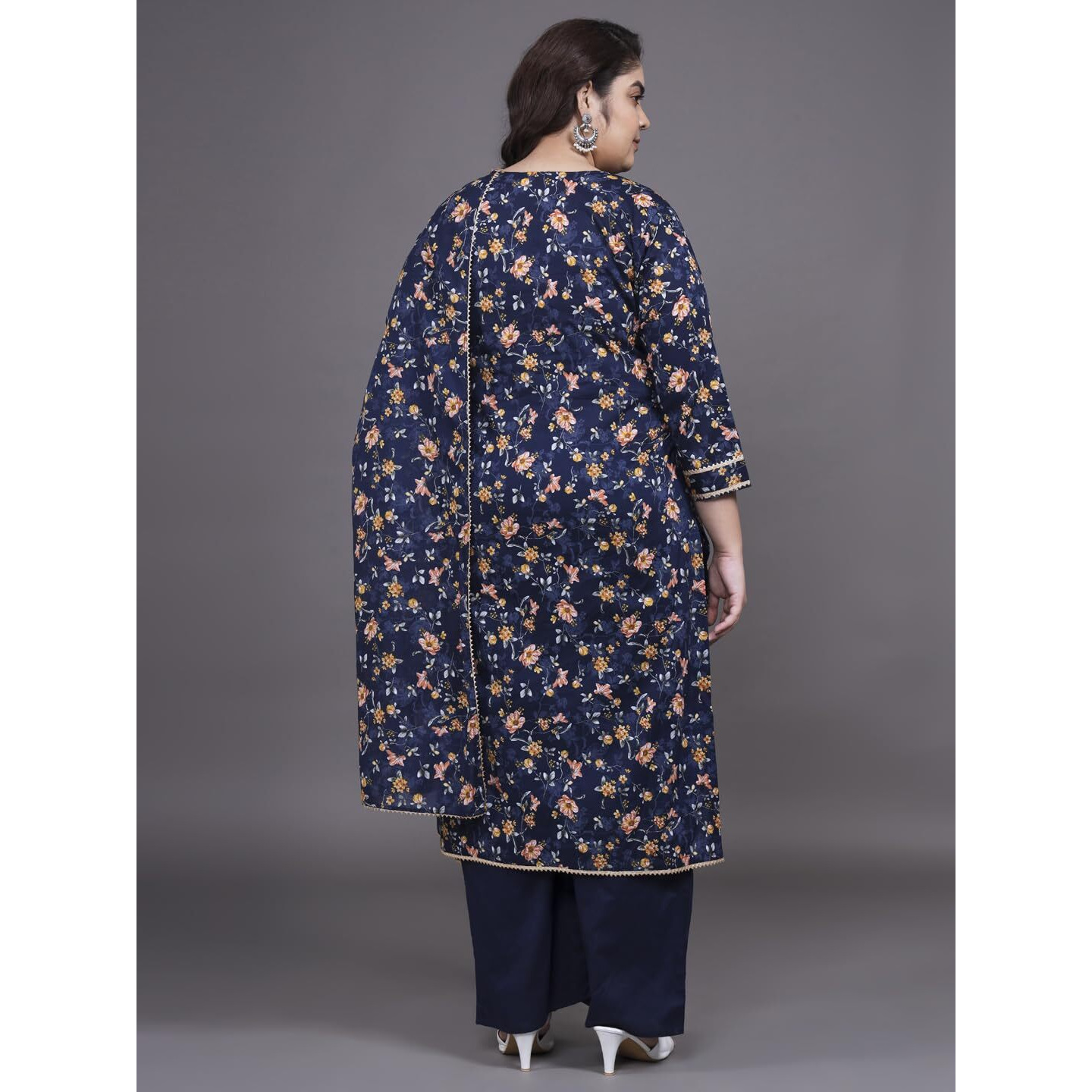 Tissu Women's Plus Size Navy Blue Printed Pure Cotton Kurta Palazzo With Dupatta (676_Dark Blue_5Xl)