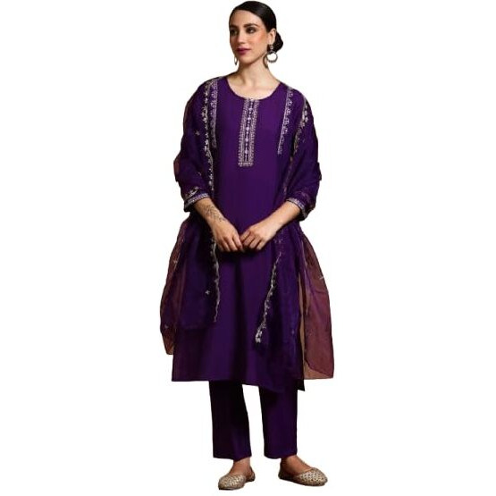 Varanga Women-Thread & Sequin Embroidered Yoke Kurta With Trouser & Scallop Dupatta