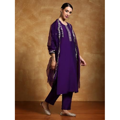 Varanga Women-Thread & Sequin Embroidered Yoke Kurta With Trouser & Scallop Dupatta