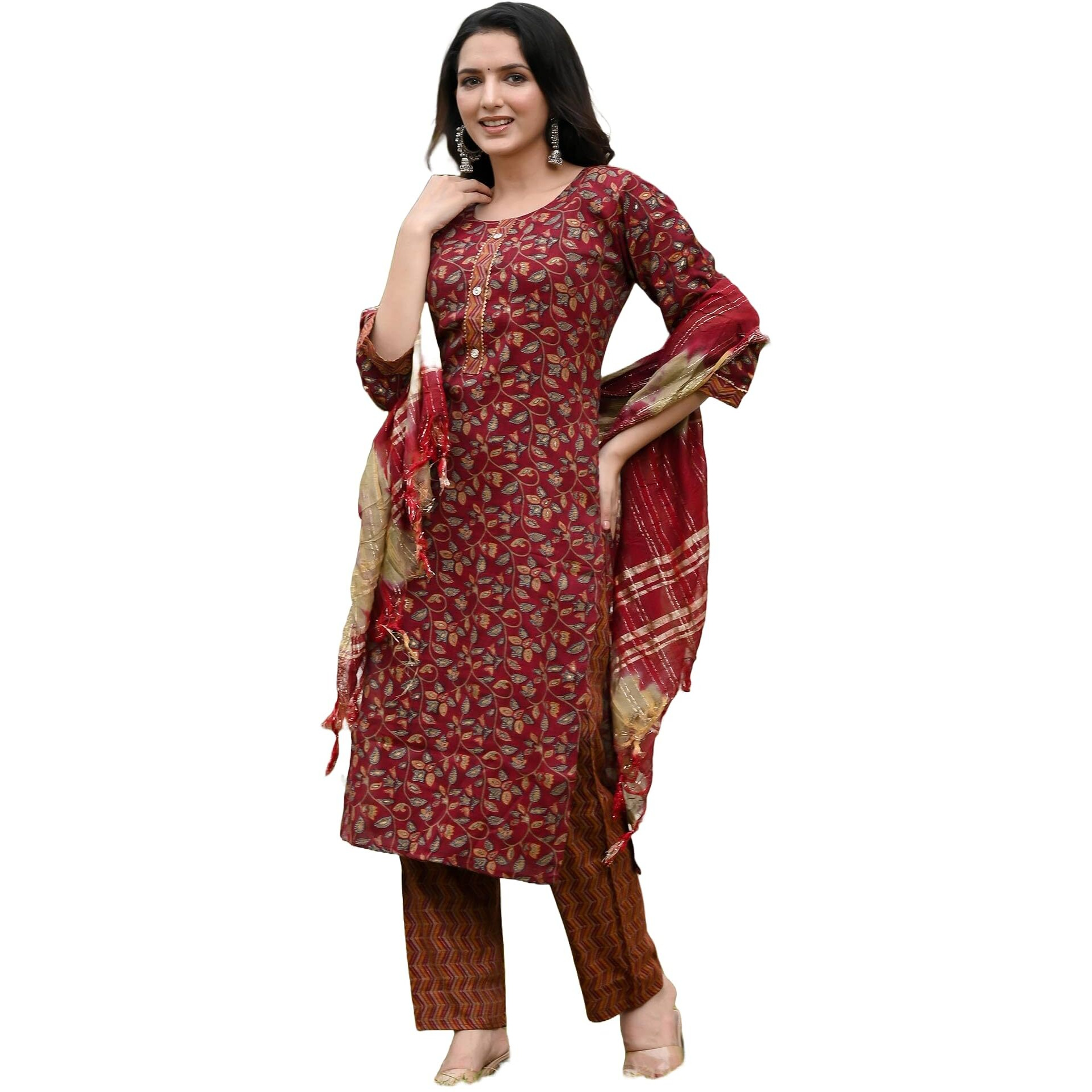 Lookmark Women's Embroidered Cotton Straight Kurta Set With Pants & Dupatta - Elevate Your Style With This Exquisite Ensemble (Az-Lm-Og-Ks2109-M) Maroon