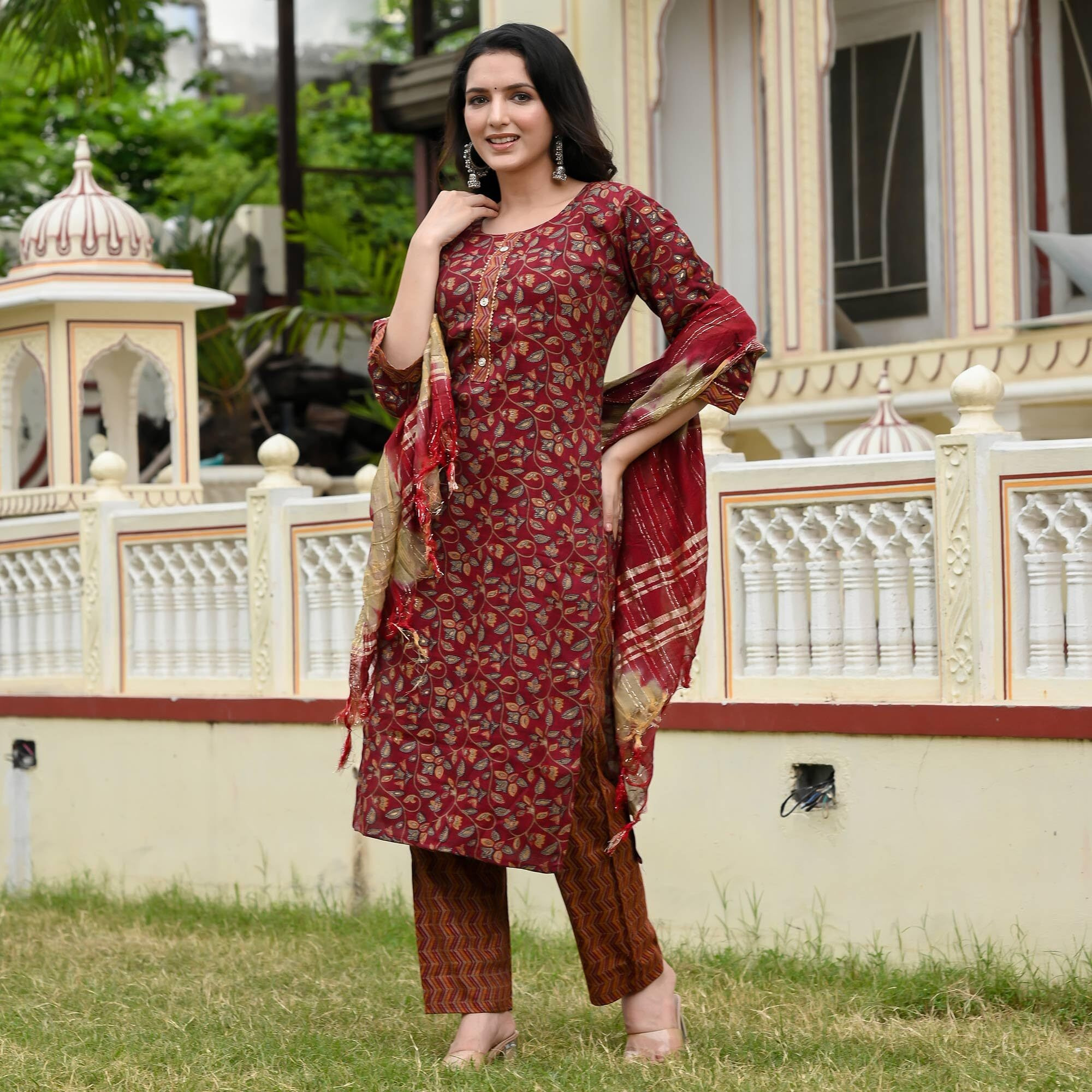 Lookmark Women's Embroidered Cotton Straight Kurta Set With Pants & Dupatta - Elevate Your Style With This Exquisite Ensemble (Az-Lm-Og-Ks2109-M) Maroon