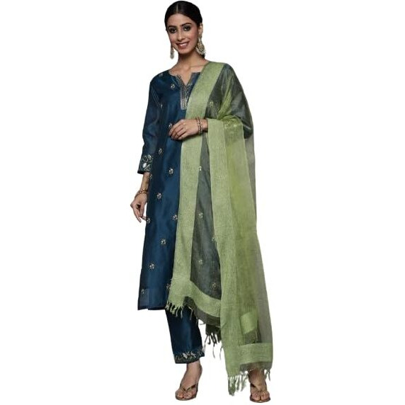 Varanga Navy Blue Embroidered Kurta Paired With Straight Tonal Trouser And Contrast Dupatta