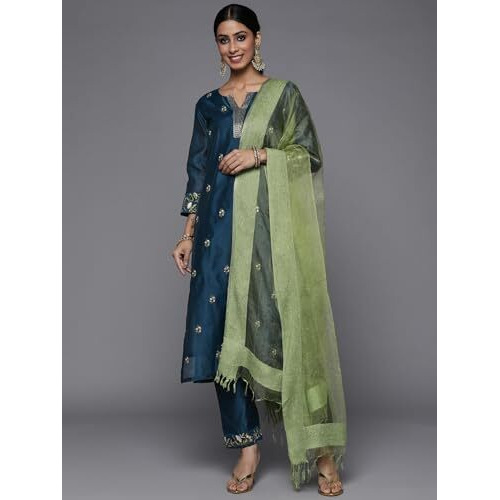 Varanga Navy Blue Embroidered Kurta Paired With Straight Tonal Trouser And Contrast Dupatta