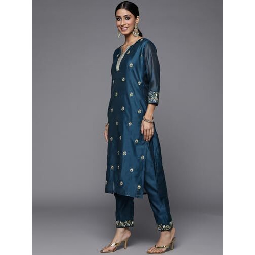 Varanga Navy Blue Embroidered Kurta Paired With Straight Tonal Trouser And Contrast Dupatta