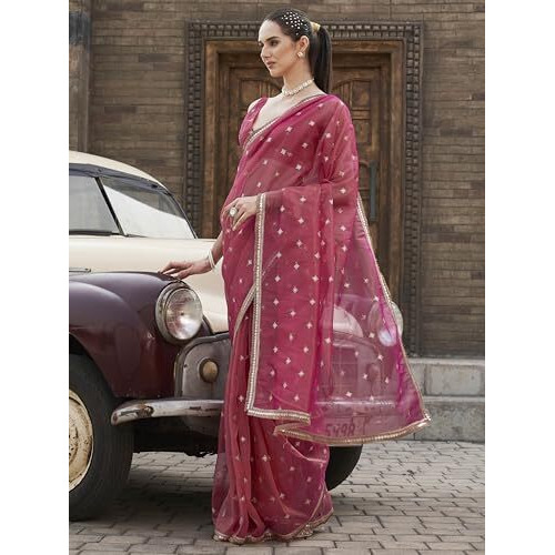 Womanista Women's Pink Colored Shimmer Net Saree With Sequinned Butti And Embroidered Border(Ti7052_Pink_Onesize)