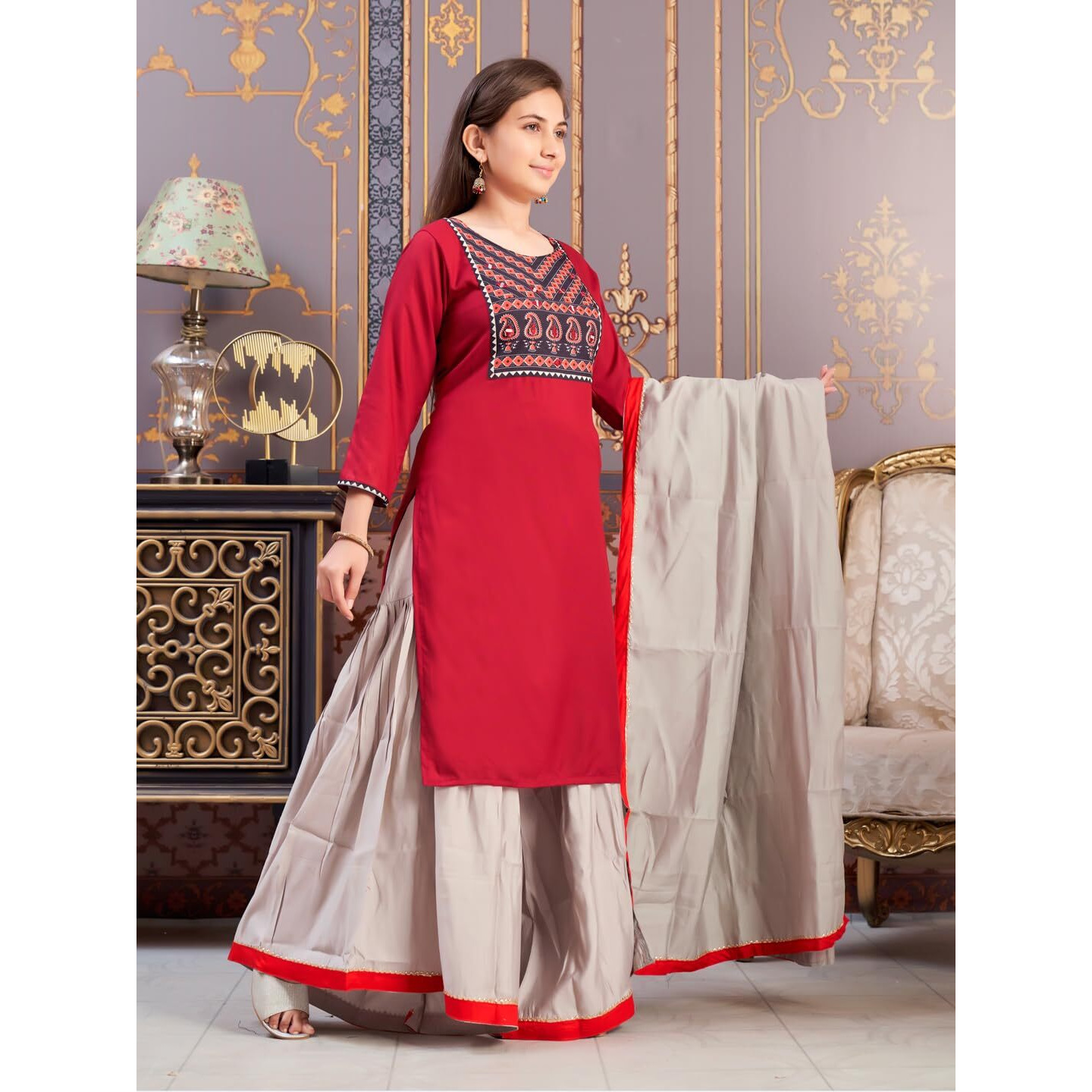Aarika Girls Ethnic Wear Maroon Colour Floral Print Rayon Kurti-(8-15 Years)-(Kurti-Tr-K-889)
