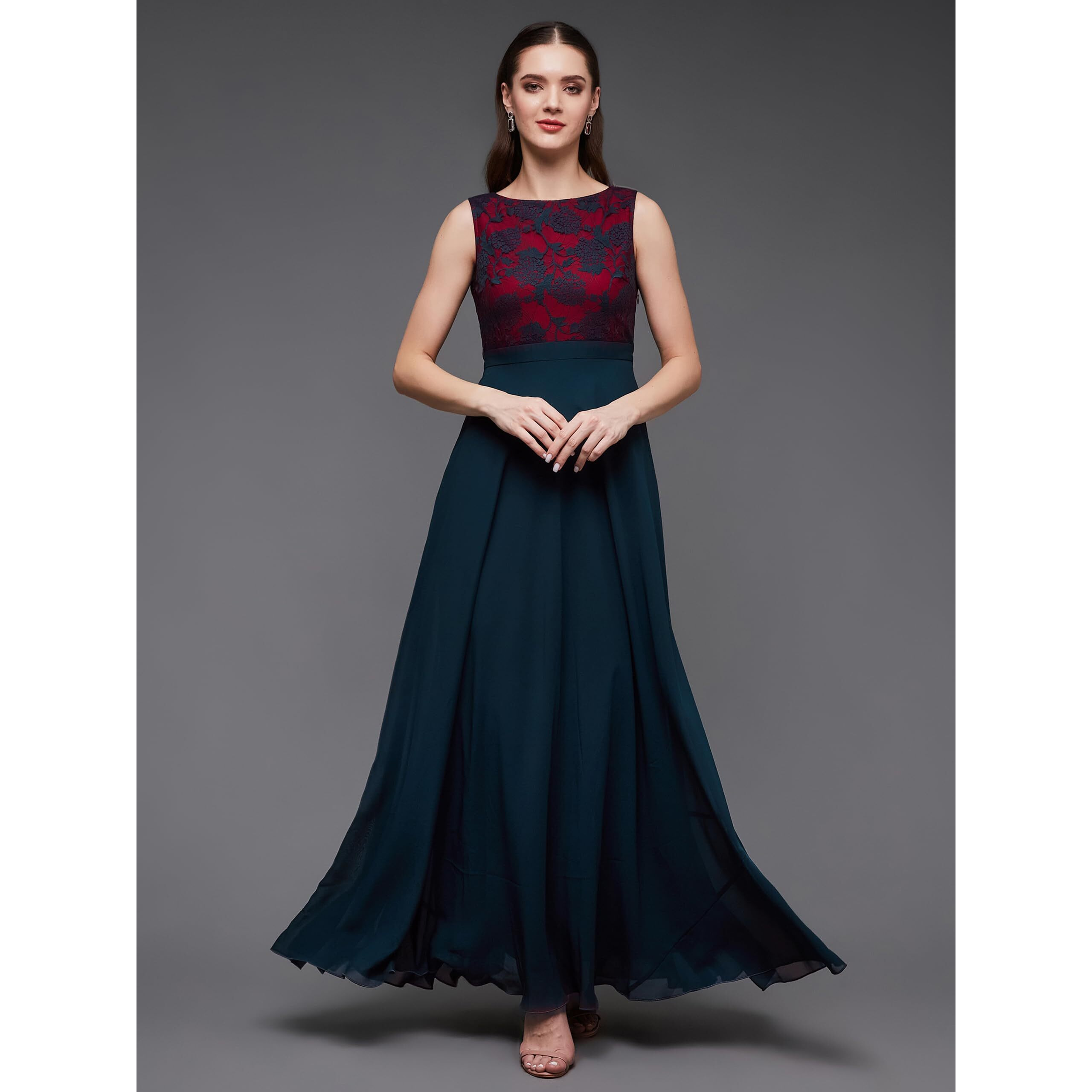 Miss Chase Women's Round Neck Sleeveless Georgette Floral Lace Fit & Flare Maxi Dress Teal