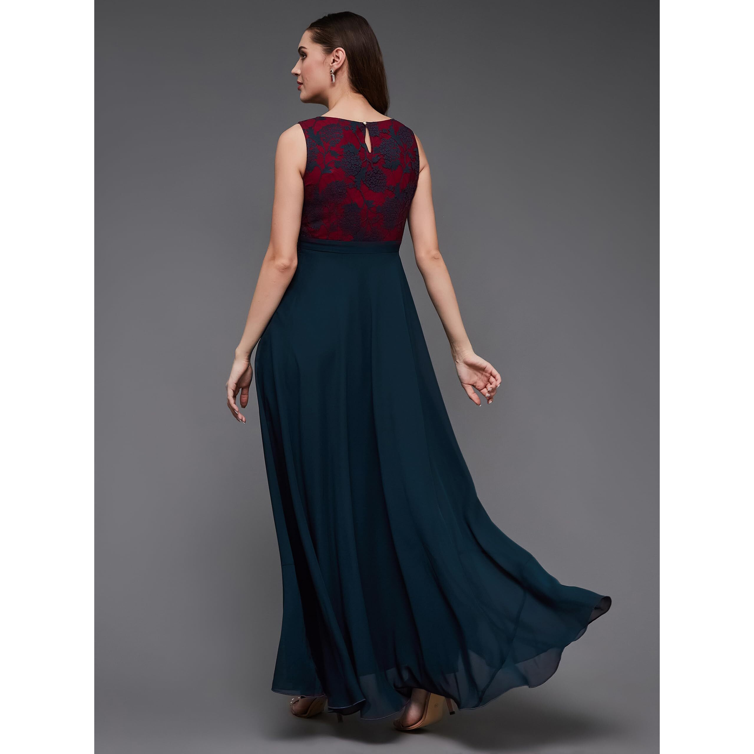 Miss Chase Women's Round Neck Sleeveless Georgette Floral Lace Fit & Flare Maxi Dress Teal