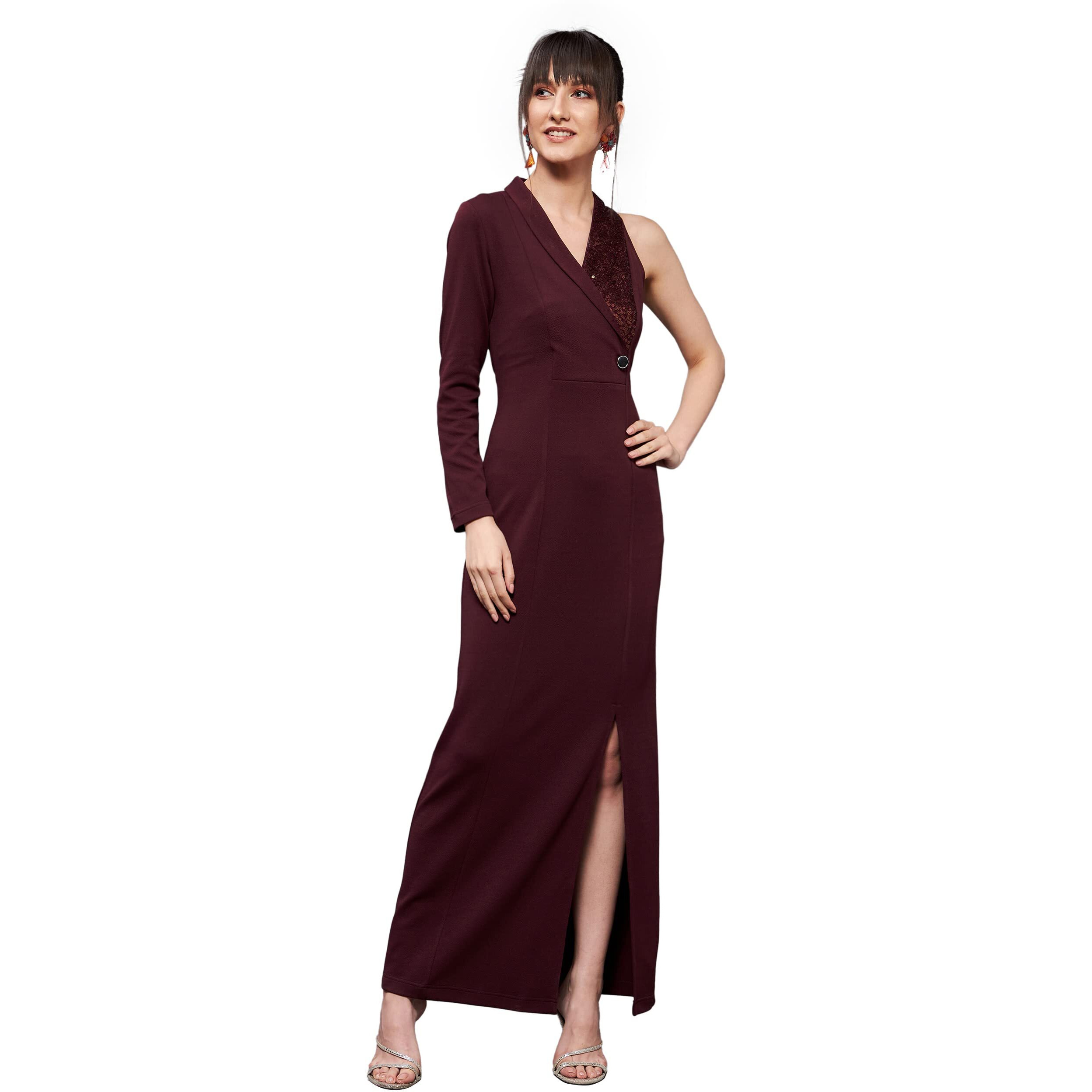 Miss Chase Women's Wine V Neck Asymmetric Sleeve Embellished Blazer Maxi Dress (Mcaw21D13-37-184-05, Wine, L)