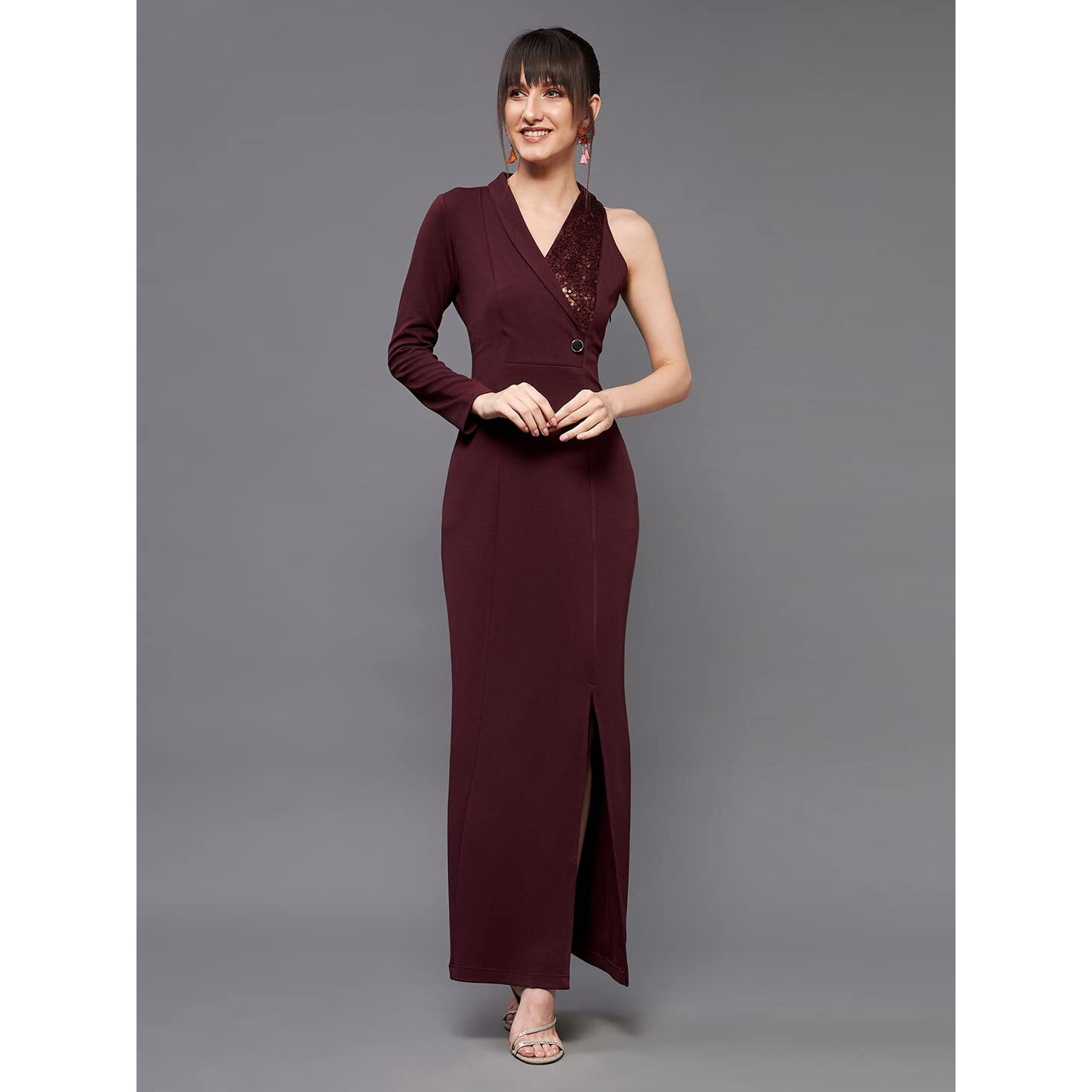 Miss Chase Women's Wine V Neck Asymmetric Sleeve Embellished Blazer Maxi Dress (Mcaw21D13-37-184-05, Wine, L)
